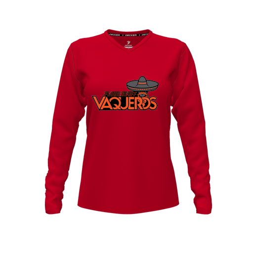 [CUS-DFW-TEES-PER-VNK-LSL-RED-FYXS-LOGO1] Performance T-Shirt (Female Youth XS, Red, V Neck, Logo 1, Long Sleeve)